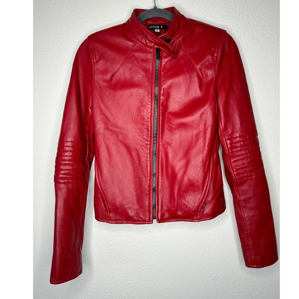 William B Cherry Red 100% Leather Moto Jacket Front Zip Silk Lining S - Picture 13 of 14